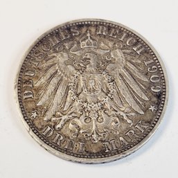 Antique..1909 German Drei 3 Mark Silver Coin (114 Years Old)