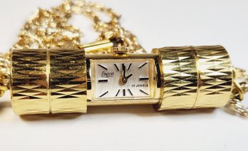 Vintage 60s Gold Tone Peek A Boo Slide Pendant Winde Watch With Rope Chain Necklace By CONDOR