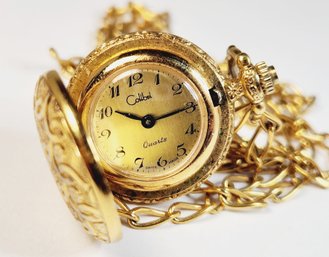 Vintage COLIBRI Gold Face Gold Tone Quartz Watch Pendant With Chain Necklace