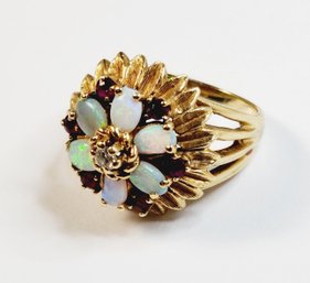 One Of A Kind -- Vintage 14k Yellow Gold  Diamond / OPAL /  Garnet  RING