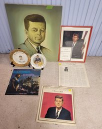 JFK Collection.  3 Records, 2 Paintings And 2 Gold Rimmed Glass Plates.           .         Loc: Top Of Piano