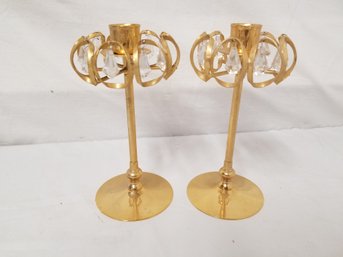 Vintage Lycenta Candle Stick Holders  24K Gold Plate & Dangling Strass Glass Prisms