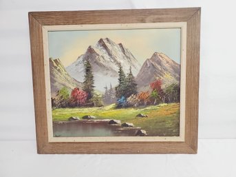 Vintage Framed Mountain Scene Landscape Oil On Canvas Painting - Signed