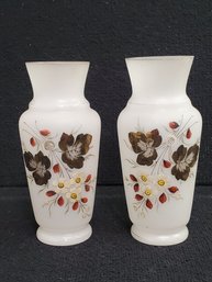 Pretty Pair Of Vintage Satin Glass Hand Painted Floral 8 7/8' Vases