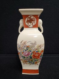 Vintage Asian Signed 11.75' Pottery Painted Vase With Elephant Handles