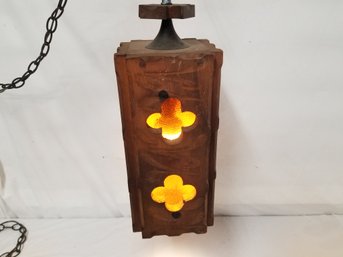 Rare Mid-century Modern Wood And Amber Glass Hanging Chain Light With Pull Chain