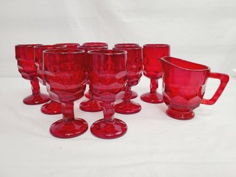 Ten Vintage MCM Viking Georgian Ruby Wine Glasses Stemware & Pitcher