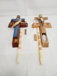 Two Vintage Catholic Christian Wall Crucifix Sick Call Box Set Last Rites & Baptismal Candles