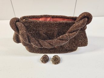 Vintage Bronze Beaded Evening Bag With Matching Screw Back Earrings