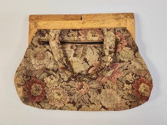 Circa 1960's Tapestry Hand Bag With Wood Frame