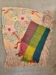 Two Shawls - An Embroidered Piano Shawl And A Woven Wool With Macrame Fringe