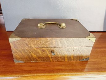 Antique Wood Metal Lined Hinged Lid Box With Brass Accents