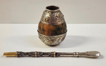 Antique Yerba Mate Tea Gourd Cup, Argentina, 800 Silver With 18K Bombilla Sipper