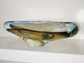 Lovely Multi Color Art Glass Canoe Bowl Turquoise & Beige