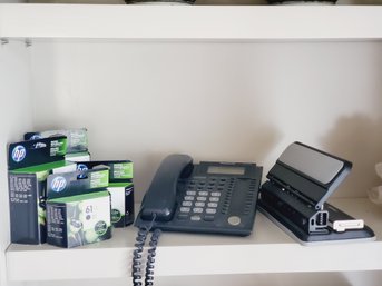 Office And Desk Assortment - Panasonic Multi Line Phone, New HP Printer Ink & Swingline 3 Hole Punch
