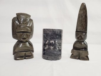 Three Vintage Mexican Aztec Carved Stone Figurines & Cylinder Etched Jar