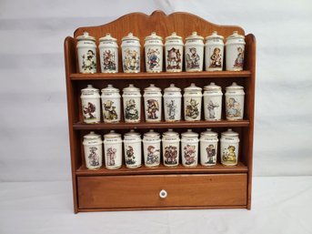 Vintage 1987 MJ Hummel Danbury Mint Porcelain Spice Jars On Wood Rack