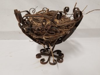 Antique Scrolled Black Metal Pedestal Basket With Real Bird Nest