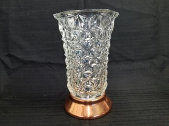 Vintage France Diamond Cut Clear Glass Vase With Copper Base