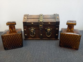 Amber Glass Decanters In Storage Chest