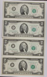 (4) 1976 2 Dollar Bills Sequential Seriel Numbers Perfect Shape