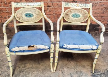 Great Pair Of Paint Decorated Bamboo Style Chairs With Cane Backs