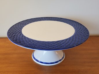 Tiffany & Co Hand Painted Cobalt Blue & White Basket Weave Pedestal Cake Plate