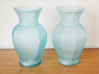 Two Frosted Aqua Glass Flower Vases