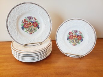 Set Of Twelve Wedgwood Patrician Windemere Multicolor Flower Basket Porcelain 8 3/8' Plates