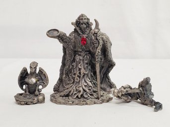 Three WAPW Vintage Pewter Miniature Fantasy Wizard & Dragon Figurines - See Description