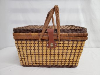 Vintage Woven Wicker Handled Picnic Basket