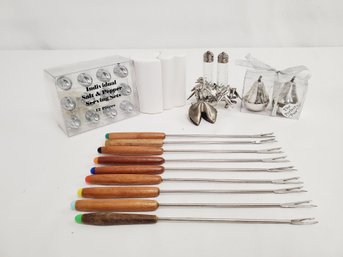 Kitchen Accessories Pot Luck Assortment - Salt & Peppers Shakers, Fondue Forks & Silver Plate Fortune Cookie