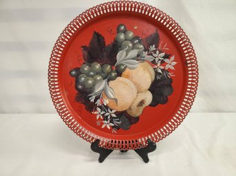 Vintage Tin Pierced Decorative / Functional Round Tray - Red Painted Floral Motif