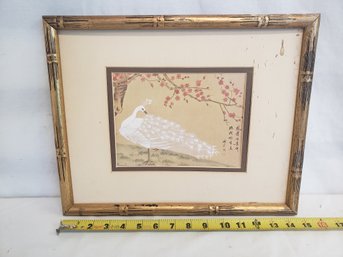 Vintage Asian Dove And Cherry Blossoms Framed Signed Painting