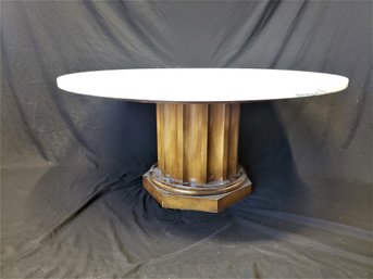 Vintage White Marble Top Coffee Table On Wood Column Base Made In Italy