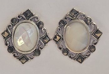 Sterling Silver Marcasite And Mother Of Pearl Vintage Earrings