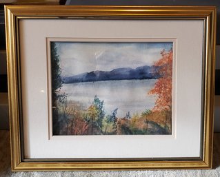 Scenic Watercolor Painting Of A New England Lake By H. Roth