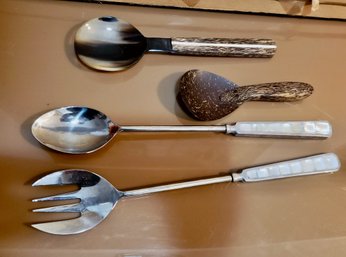 Exotic Wood And Horn Spoons Plus Mother Of Pearl Salad Fork And Spoon Serving Pieces