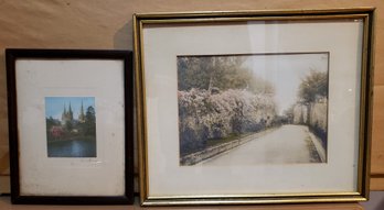 Vintage Colorized? Photo Looking Back In Time On A Quiet Lane & Antique Painting Of Cathedral, Signed