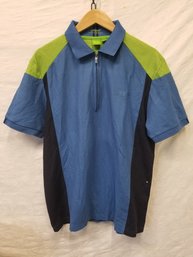 Men's Hugo Boss Blue & Green Short Sleeve Quarter Zip Polo Shirt - Size X-Large