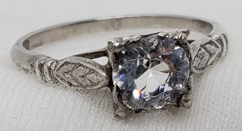 Vintage Sterling Silver Size 6 Engagement Ring With CZ's & Leaves ~ 1.70 Grams