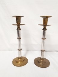 Vintage MCM Tall Brass & Chrome Taper Candlestick Holders - Made In Hong Kong