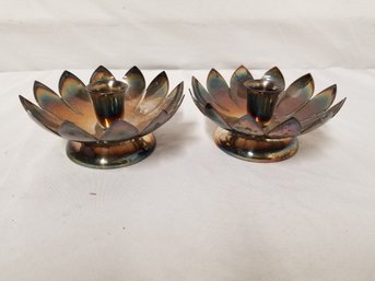 Pair Vintage Reed & Barton Silver Plate Water Lily Flower Bloom Candlestick Holders