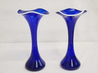 Pair Of Cobalt Blue Art Glass Bud Vase With White Ruffled Edges