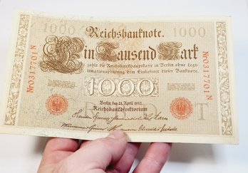 German 1000 Mark Reichsbanknote Red Seal April 1910  Large Banknote