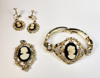 Vintage...Gold Tone Cameo Jewelry Set - Pendant / Screw Back Earrings / Bracelet