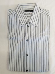 Men's Dolce & Gabbana Luxury Blue, White & Gray Striped Long Sleeve Shirt Size 39 - Made In Italy