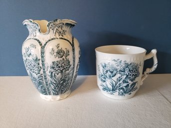 Vintage English F.B Whitley Blue/white Vase And Mug
