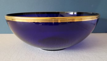 Stunning Large Cobalt Blue Glass Serving Bowl With Wide Gold Border