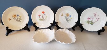 Set Of Four Floral Plates By Phillipe Deshoulieres Paired With Brilliant White Candy Dish By Spode